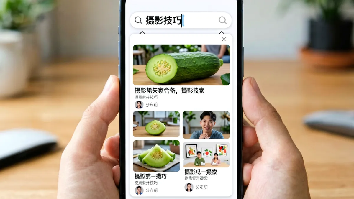 手机屏幕特写展示丝瓜视频搜索界面，搜索框中已输入'摄影技巧'四个汉字，下方弹出多个相关视频卡片供用户选择
