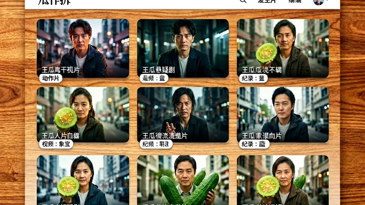 丝瓜视频网站首页展示了多个影视类别的封面缩略图，包括动作片、悬疑剧和纪录片的推荐入口，背景是温暖的木质纹理