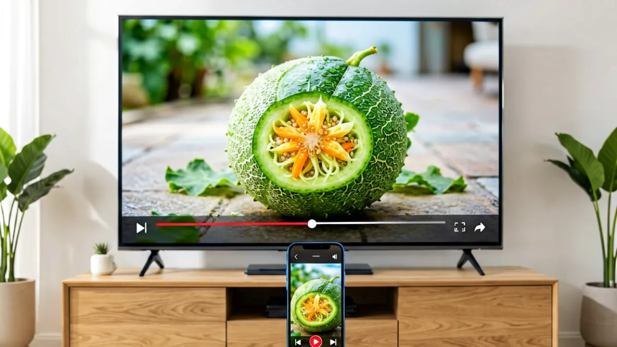 手机屏幕通过 Miracast 协议向智能电视投屏丝瓜视频播放界面，电视屏幕上清晰显示正在播放的影视封面和进度条